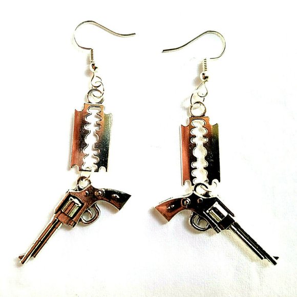 Punk Earrings - Gun & Razor Blade Charms NWOT - Picture 1 of 8